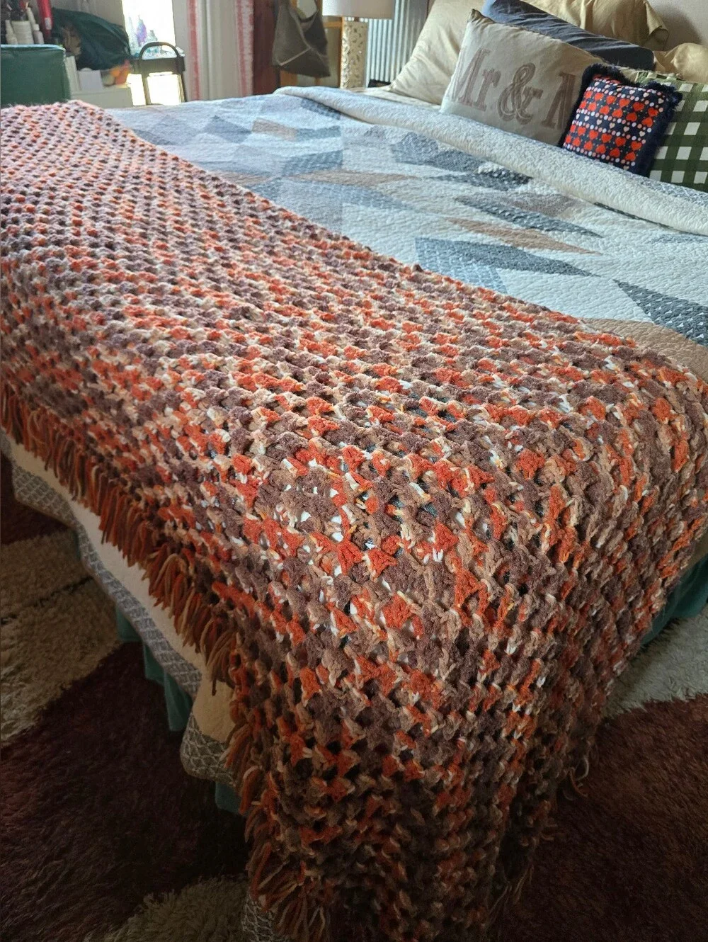 Handmade Rust Orange and Brown Crochet Bedding Blanket King Fringe Boho